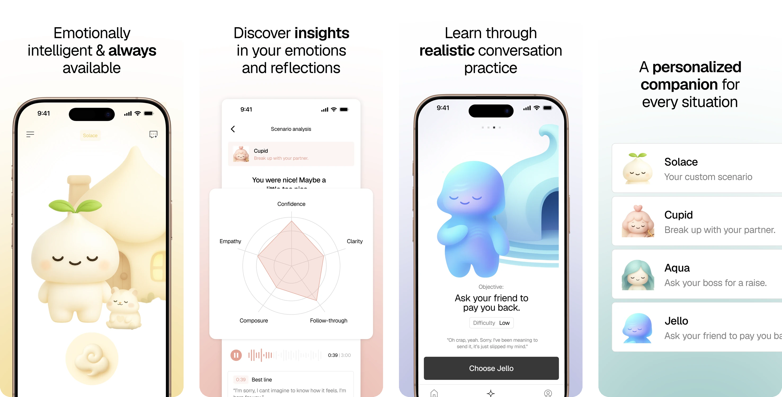 Solace's App Store screens: its character, emotion insights, conversation practice and scenarios
