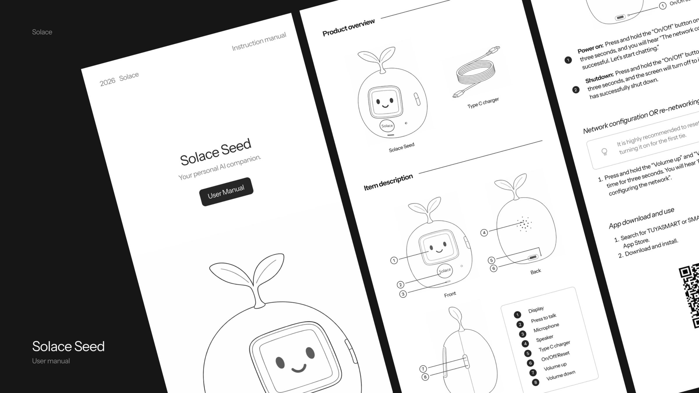 Seed's user manual, designed by Sarah Mou: the cover, the product overview and the setup steps