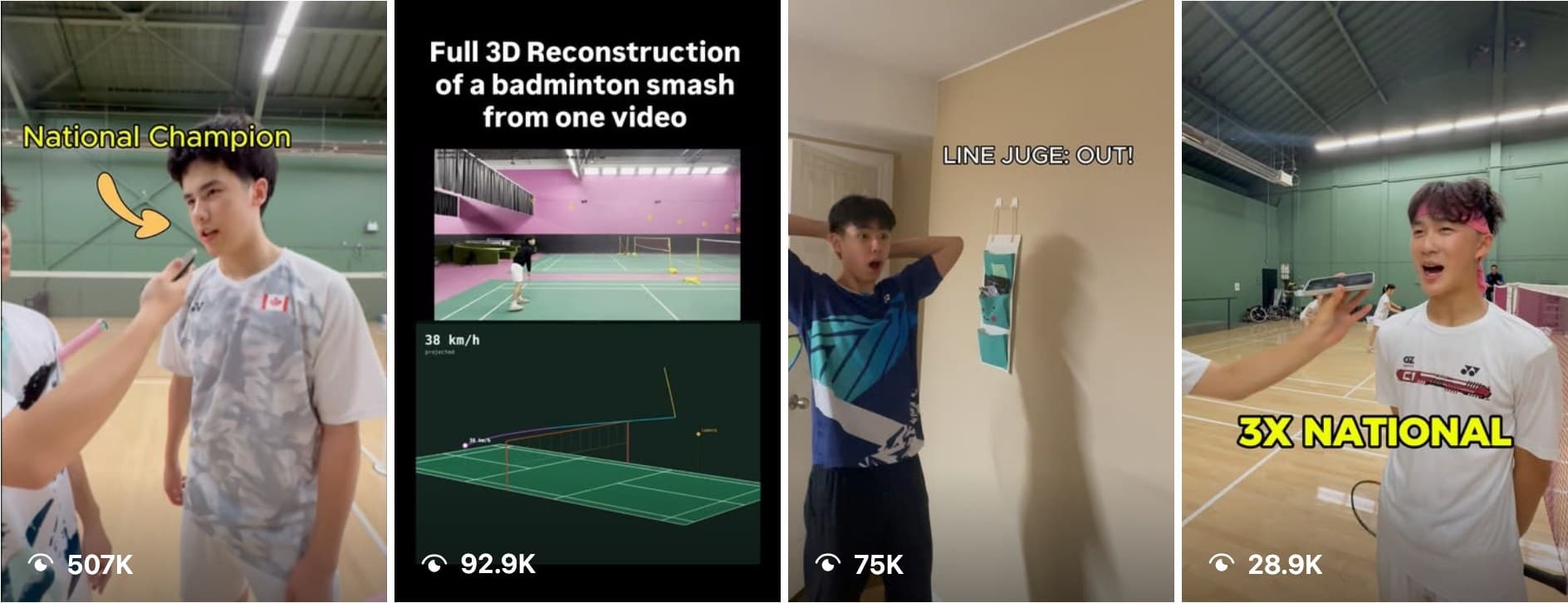 Smashspeed's most-viewed Instagram reels: a national champion interview at 507K, a 3D smash reconstruction at 92.9K, then 75K and 28.9K