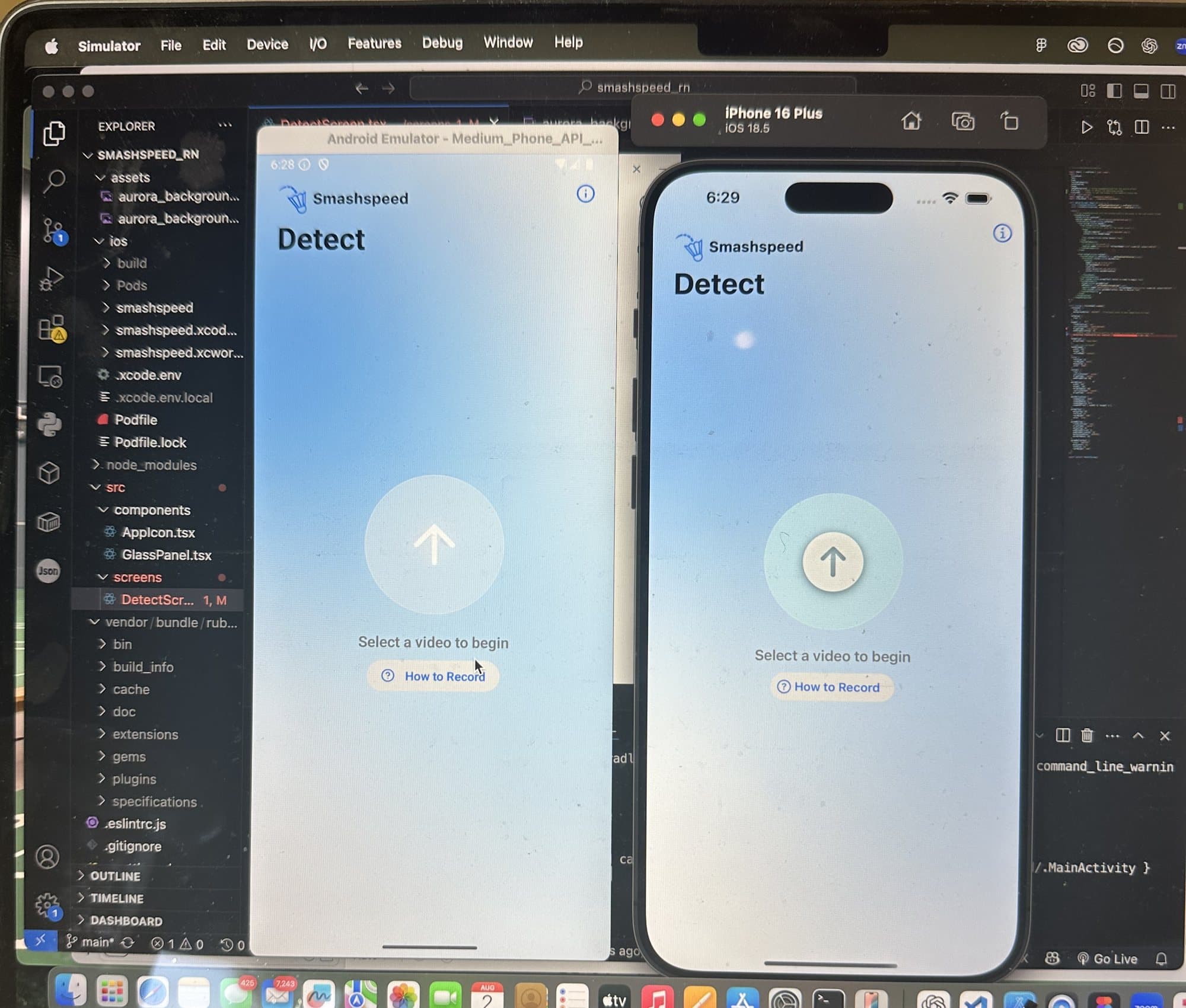 The React Native rebuild running in an Android emulator and an iPhone simulator side by side